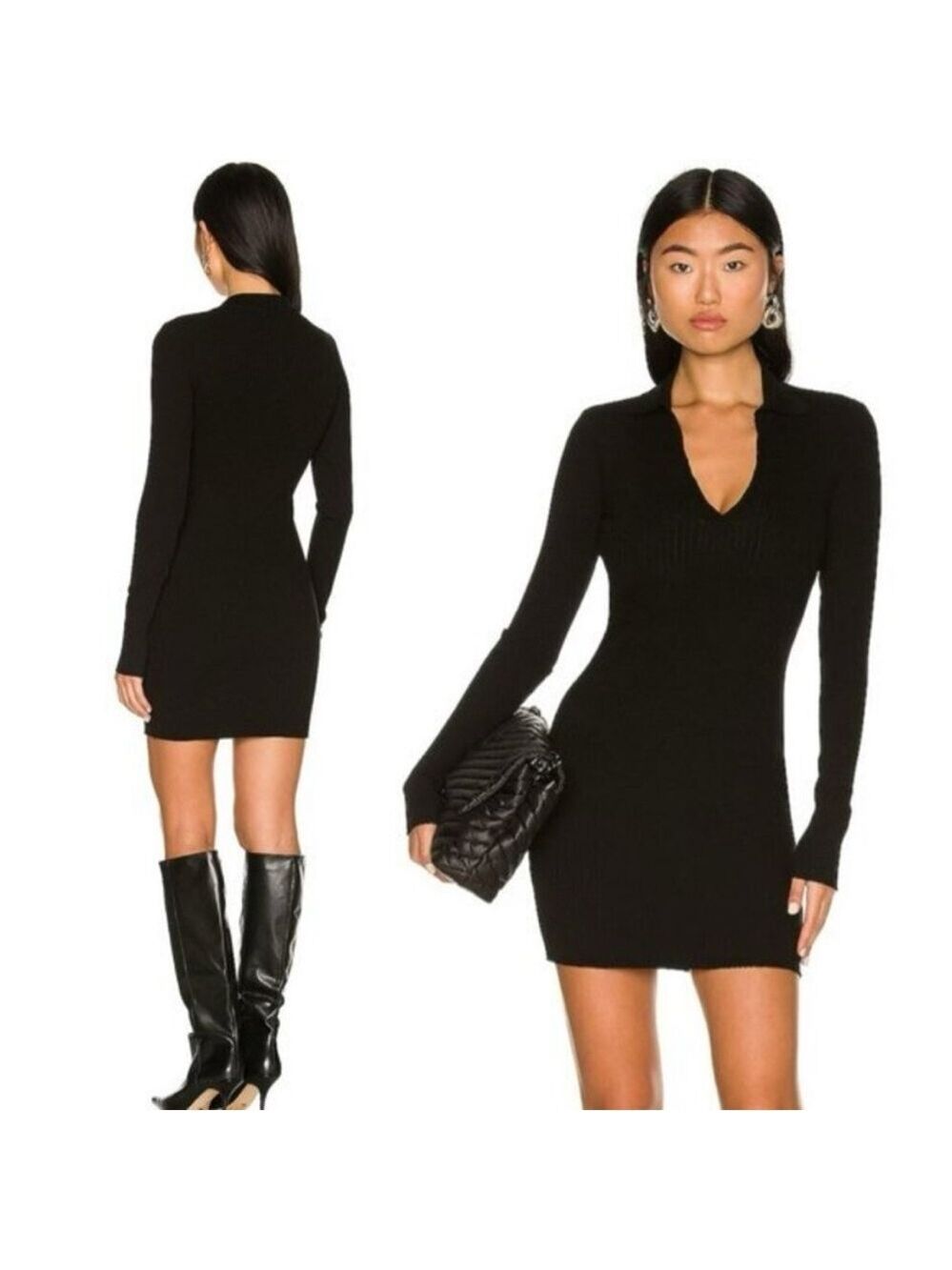 Cotton Citizen Ibiza Long Sleeve Polo Dress in Ribbed Black Size Small - Picture 1 of 10